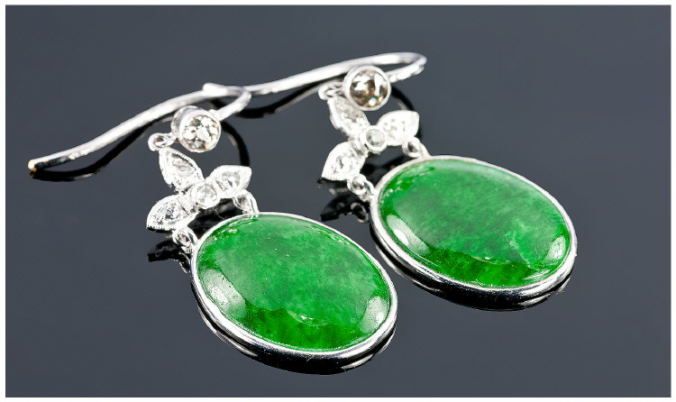 Pair Of Green Jadeite Stone And Diamond Set Drop Earrings, Set In White Gold, Unmarked.