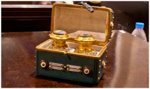 French Teal Green Leather Perfume Bottle Casket with original pair of glass cube shaped bottles,