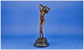 Aldo Vitaleh Signed Bronze Figure of a Nude Woman, standing  on a breezy shore with waves lapping