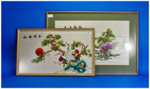 Pair of Japanese Silk Embroideries with typical Japanese Views, Countryside view and Red Head