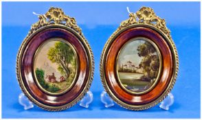 Pair Of Mid 20th Century Italian Miniatures, On Copper Showing Country Scenes With Buildings,