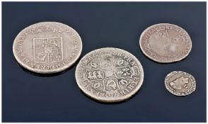 Charles I Silver Twopence + A Charles II 1677 Halfcrown + A 1685 Shilling Together With A William