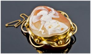 Victorian Fine And Impressive Large 9ct Gold Framed Shell Cameo Brooch And Safety Chain. Circa