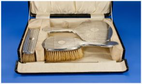 Ladies Silver Backed 3 Piece Mirror And Brush Set, boxed. Regency stripe design. Hallmark