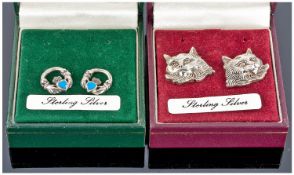 A Pair Of Silver Claddagh Stud Earrings, Each With A Blue Enamel Heart, Complete With Box, Together