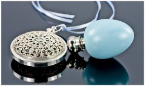 Ceramic Scent Bottle In The Shape Of A Pale Blue Starlings Egg. Together with filigree circular