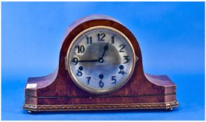 Early 20th Century Walnut Mantle Clock, Napolean shaped, silvered dial with Arabic numerals