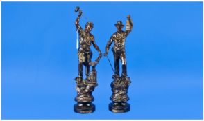 Pair of French Late 19th Century Spelter Figures. Entitled LE. Forgeron LE Mineur. c.1900. A coal