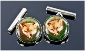 Gents Set Of Silver Cufflinks, Of Circular Form With Chain Links, The Fronts Showing Foxes Heads.