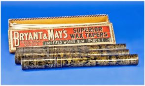 Three Japanned Tin Bryant And May`s Wax Taper Holders. 12 inches long. With an original card box of
