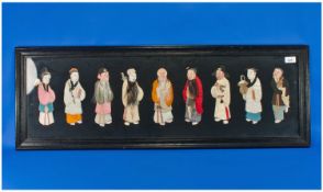 Chinese Silk And Cloth Embroidered Picture Of Nine Characters From Chinese Life. Circa 1900`s. Size