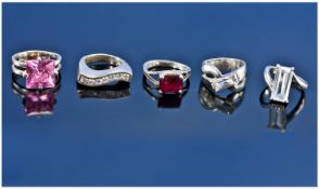A Collection of Five Modern Nice Quality Silver Stone Set Rings. Various sizes and settings. All