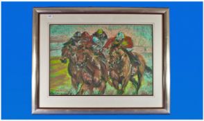 Clare Eva Burton 1955, Title `A Study Of Race Horses`. Mixed medium/pastel. Signed and dated 1987.