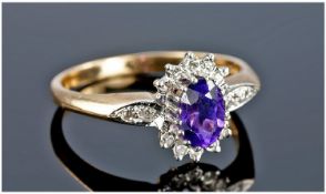 9ct Gold Diamond Dress Ring, Set With A Central Oval Amethyst Surround By Round Cut Diamonds, Fully