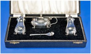 A Boxed 1950`s 3 Piece Silver Cruet Set. Hallmarked Birmingham 1958. 109.6 grams.