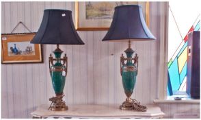 Pair of 20th Century Classical Shaped Vases. Shaped table lamps with black silk shades with a green