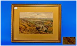 A Watercolour Of A Moorland Scene By W.E Benger of a small stream with rocks and hills to the side