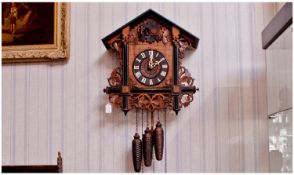 German Wooden Twentieth Century Twin Cuckoo Clock, 3 weights, Roman Numerals to dial, wooden