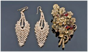 Butler & Wilson Style Crystal Brooch and Pendant Earrings, the brooch with champagne Austrian