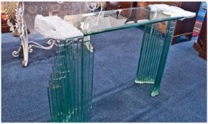 Modern Contemporary Art Deco Style Green Glass Table With Two Stepped Block Supports And