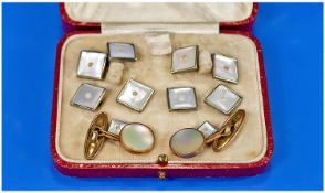Cased Set Of Gents Dress Studs And Cufflinks. Mother Of Pearl Fronts, Base Metal Fittings.
