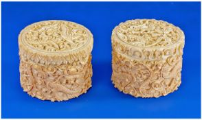 Fine Pair Of Chinese Canton Ivory Round Lidded Ladies Trinket Boxes, with a mirror inserted into