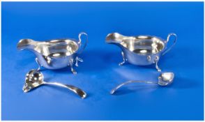 Art Deco Silver Pair Of Sauce Boats, complete with sauce spoons. Hallmark Sheffield 1940. Makers