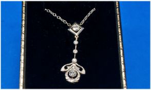 Edwardian Fine 18ct White Gold Set Diamond Drop Pendant, supported on 18ct white gold chain. The