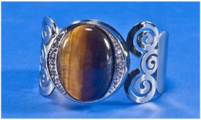 Tiger Eye and White Austrian Crystal Cuff Bangle, large oval cabochon of tiger eye, approximately