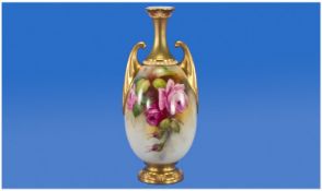 Royal Worcester Hand Painted Two Handled Urn Shaped Vase. Stillife ``Roses``. Signed W.H.Austin.