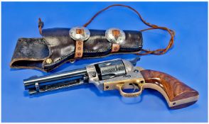 Single Action Replica Revolver, Colt Style Hand Gun With Brass Bound Walnut Grip And Engraved Steal