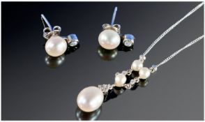 Ladies 9ct White Gold Set Pearl and Diamond Drop, Fitted on a Long 9ct White Gold Trace Chain with