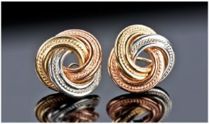 Ladies 9ct Gold Pair Of Earrings, 3 tone colour ways, interlocking rings pattern. Stamped 9ct gold.
