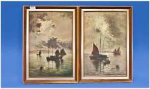 Roland Marsh Early 20th Century Artist, Pair of Oils on Canvas ``Boats off the Coast with