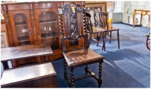 Single Carved Hall Chair With Barley Twist Supports, Together With A Low Chair With Rush Seat.