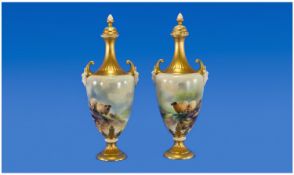 Royal Worcester Harry Davis Signed Very Fine Handpainted Pair Of Lidded Urn Shaped Vases, with mask