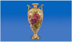 Royal Worcester Blush Ivory Hand Painted Two Handled Vase. Stillife  ``Garden Flowers`` and gilt