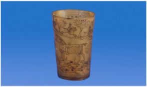19thC Horn Beaker, Continual Engraved Hunting Scene, White Metal Base. Height 4½ Inches,.