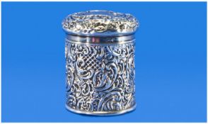 Late Victorian Silver Dressing Table Jar And Cover, Embossed Scroll Work Throughout, Hallmarked For