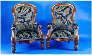 Pair Of Miniature Wing Back Upholstered Chairs, Modern Mahogany Carved Frame, Blue Paisley Fabric.