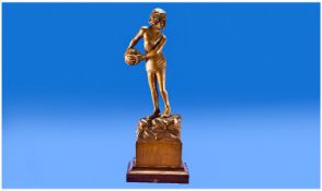 Interesting Carved Pitch Pine 1930`s Figure Of A Young Girl Playing Volleyball, in the garb of the