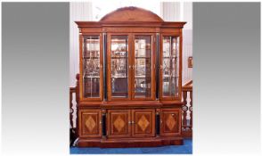 Large Modern Mahogany Breakfront Display Unit, Mirrored Back With Two Glass Shelves Behind Four