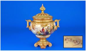 Royal Worcester Hand Painted Pot Pourri Two Handled Vase, with images of pheasant and hen pheasant