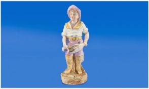 Victorian Hand Painted Bisque Figure, young fisherman with lobster. Stands 12.25 inches high.