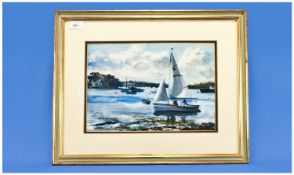 Peter Ward Watercolour. Drawing of a sailing dingy in a harbour setting, painted in vivid blue