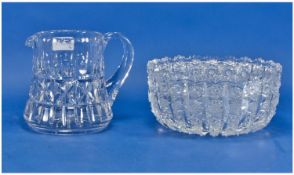 Cut Crystal Decorative Bowl and Water Jug, the bowl extensively and deeply cut with rows of