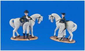 Pair Of Small Victorian French Bisque Equestrian Figures, of a lady and gentleman with their