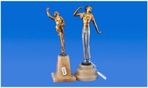 Art Deco Cold Painted Period Spelter Figures raised on alabaster bases. c.1930`s. Two young women