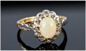 18ct Gold Opal And Diamond Ring, Central Polished Opal Surrounded By Round Cut Diamonds, Ring Size