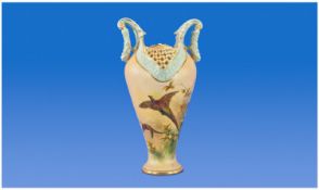 Royal China Works Worcester Very Fine Hand Painted Two Handle Vase. ``Pheasants in Flight``.